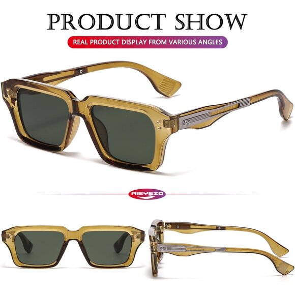 Retro Rectangle Olive Green Sunglasses Men Women Fashion Square Frame Shades - Picture 4 of 6